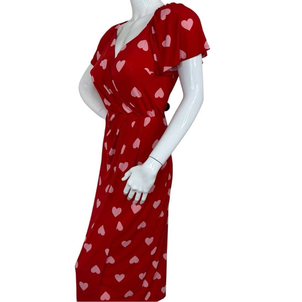 LANE BRYANT WOMEN'S RED PINK HEART FLUTTER SLEEVE FAUX-WRAP MAXI MID DRESS PLUS - Picture 10 of 12